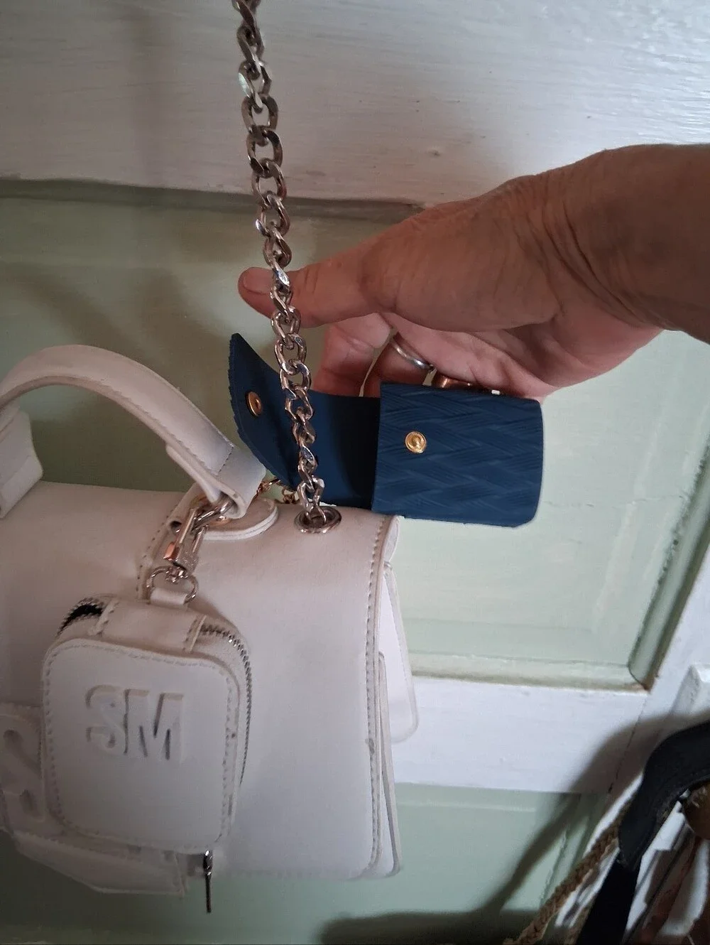 Steve Madden White Embossed Top-Handle Shoulder Bag with Chain Strap
